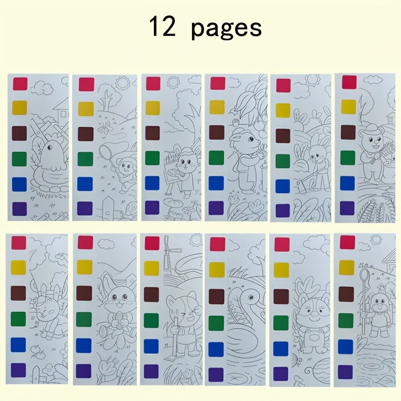 12pcs Childrens Watercolor Coloring Book Set with Paint Pens