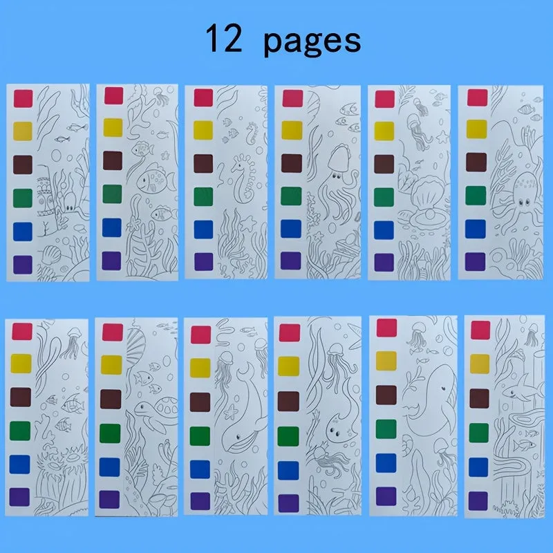 12pcs Childrens Watercolor Coloring Book Set with Paint Pens