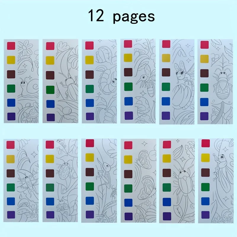 12pcs Childrens Watercolor Coloring Book Set with Paint Pens