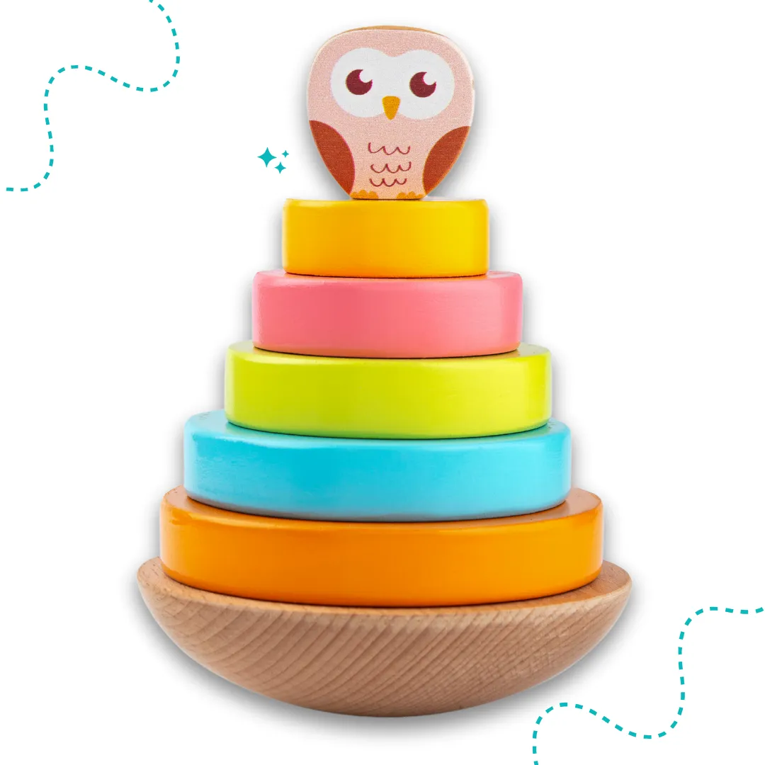 Cots and Cuddles Wooden Wobbling Owl Tower with Ring Stacking Toy for Kids