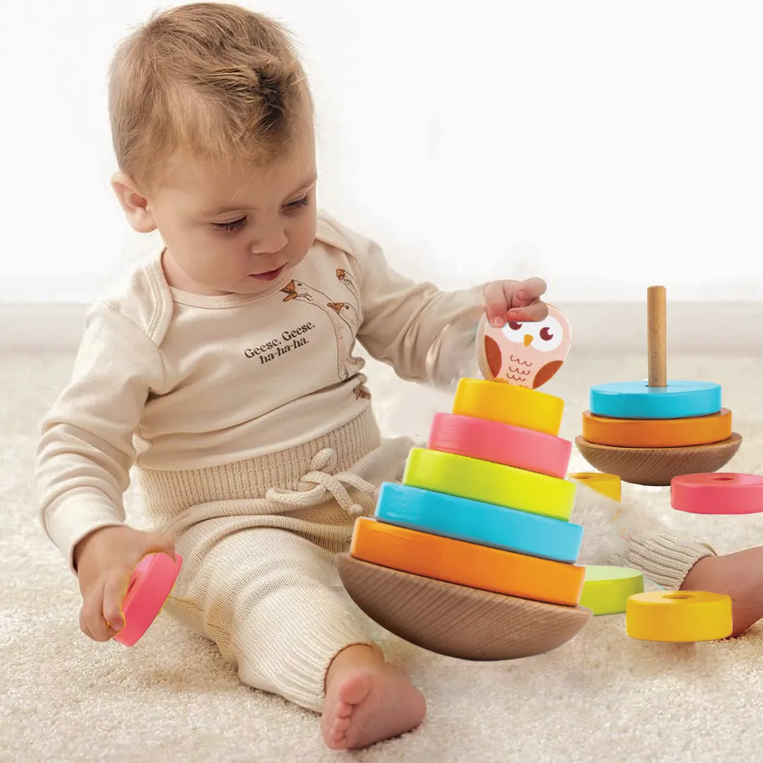 Cots and Cuddles Wooden Wobbling Owl Tower with Ring Stacking Toy for Kids
