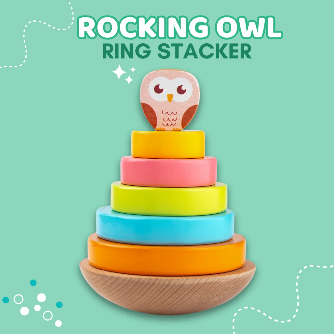Cots and Cuddles Wooden Wobbling Owl Tower with Ring Stacking Toy for Kids