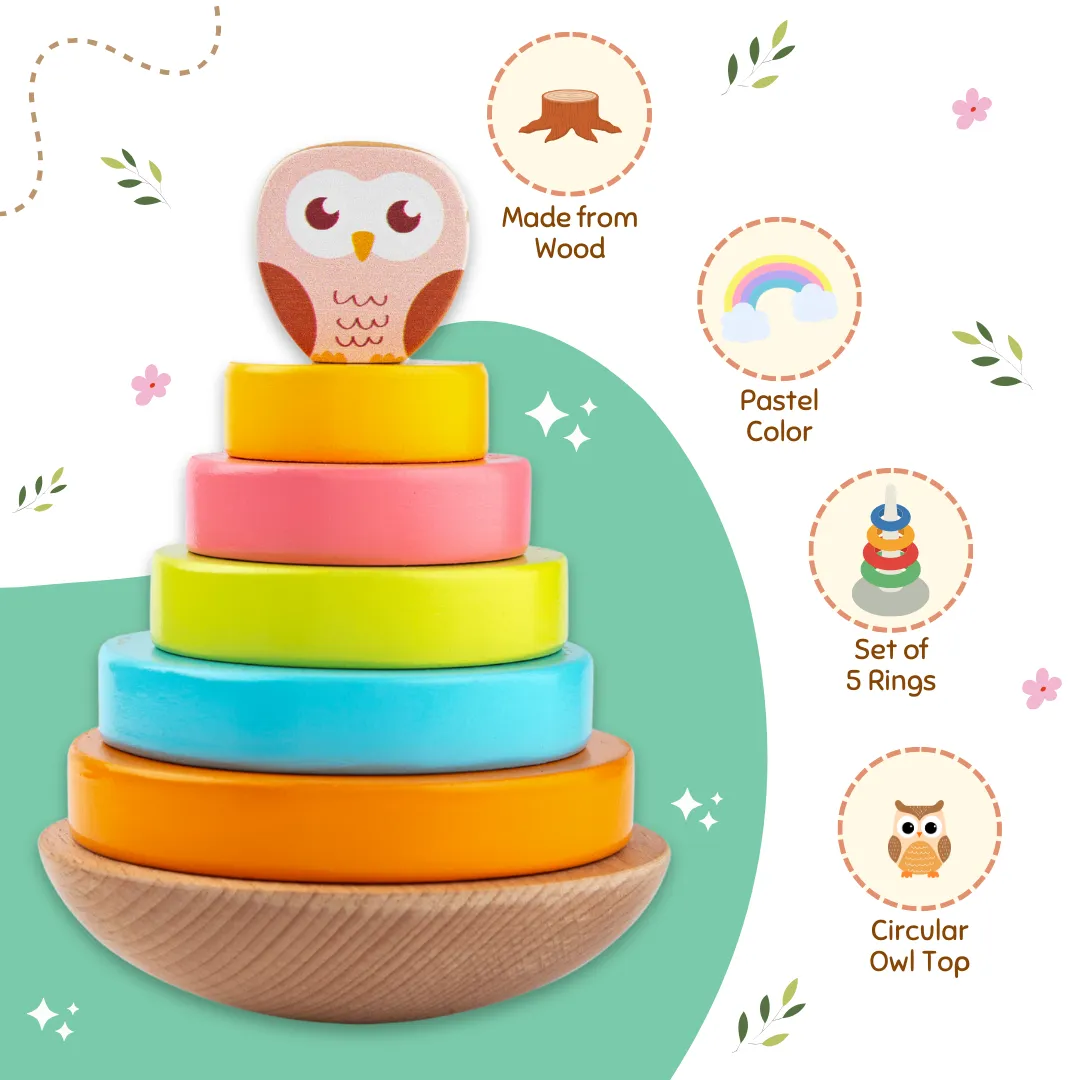 Cots and Cuddles Wooden Wobbling Owl Tower with Ring Stacking Toy for Kids