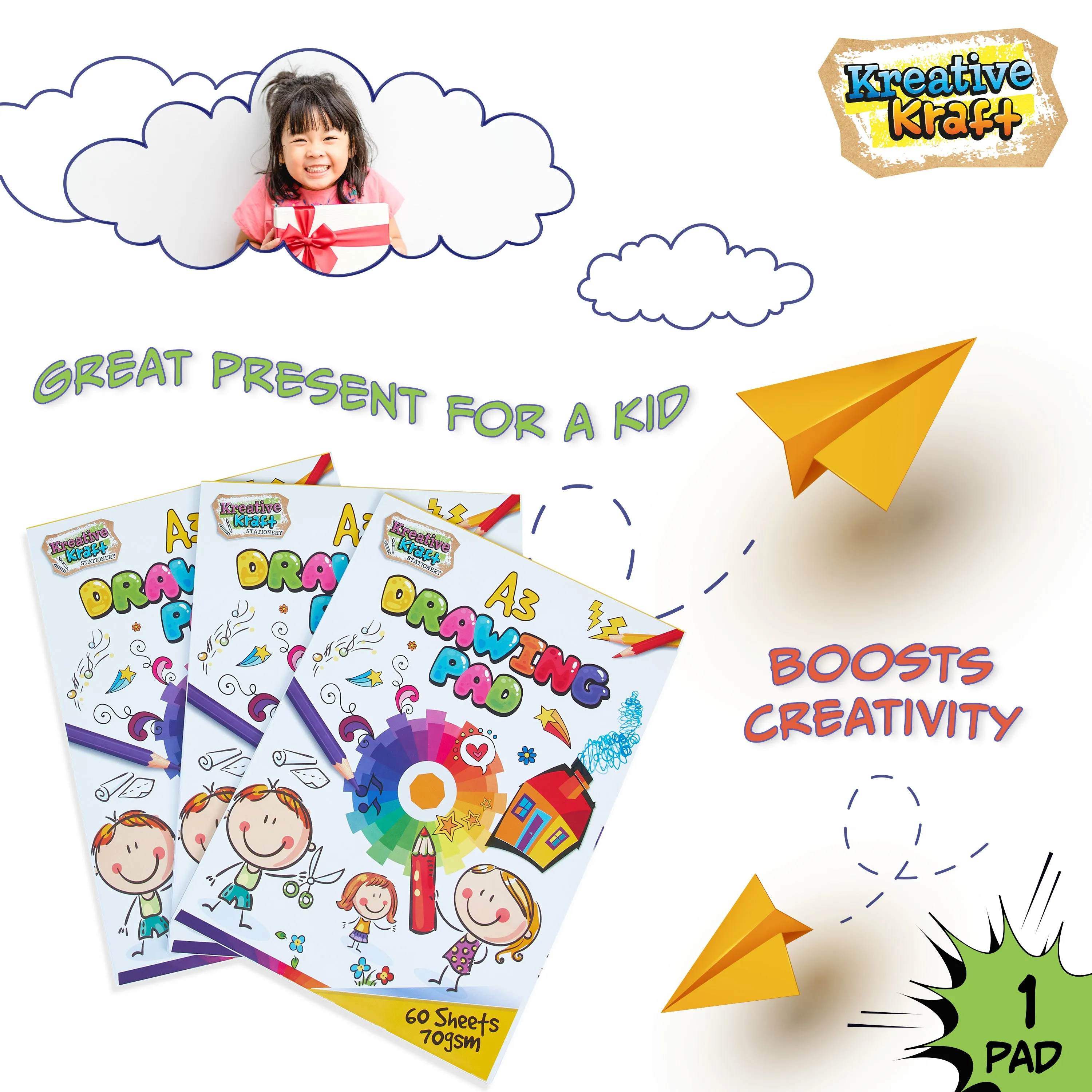 Drawing Pad for Kids, A3 70gsm Sketchbook - Pack of 1