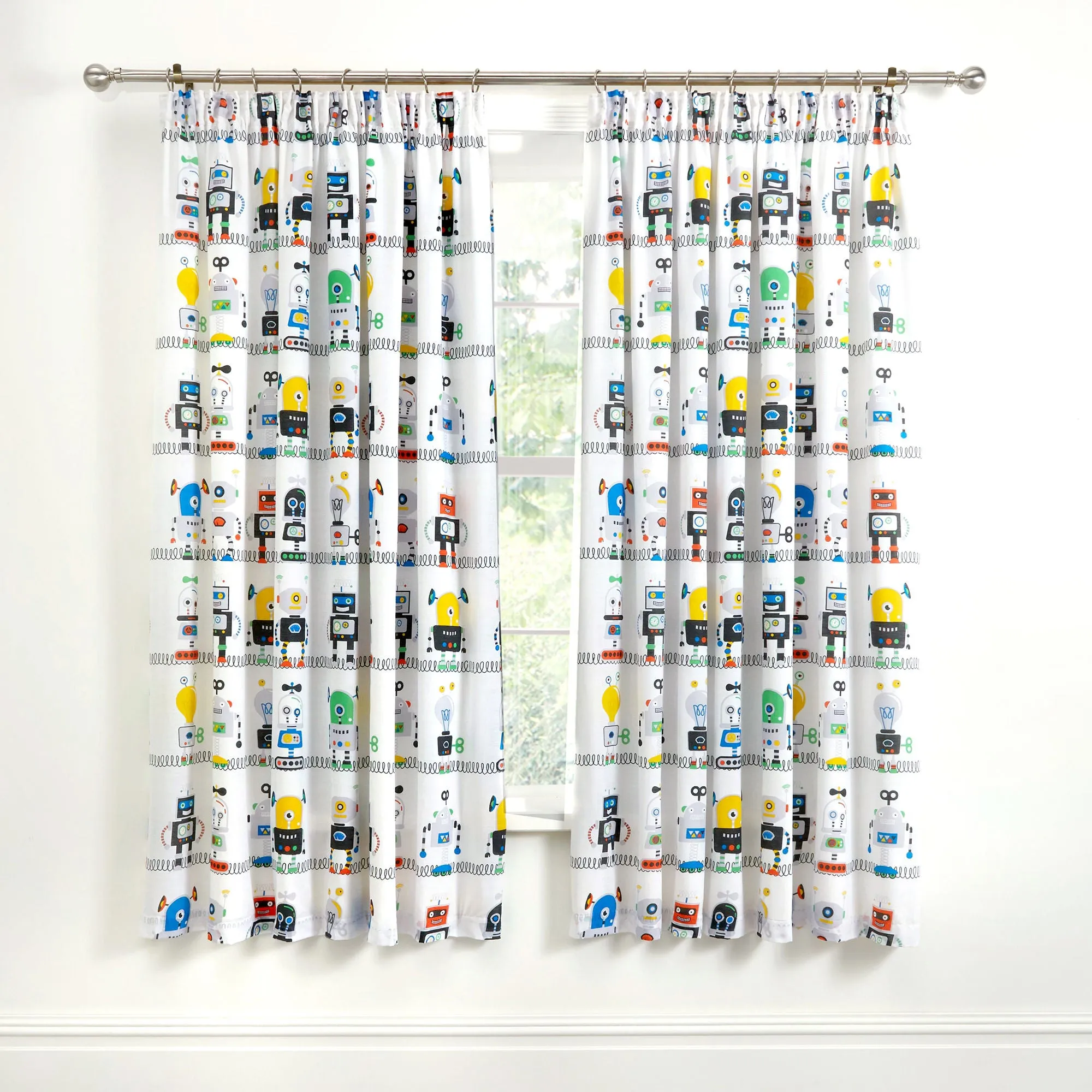 Robots Pair of Pencil Pleat Curtains by Bedlam in Blue