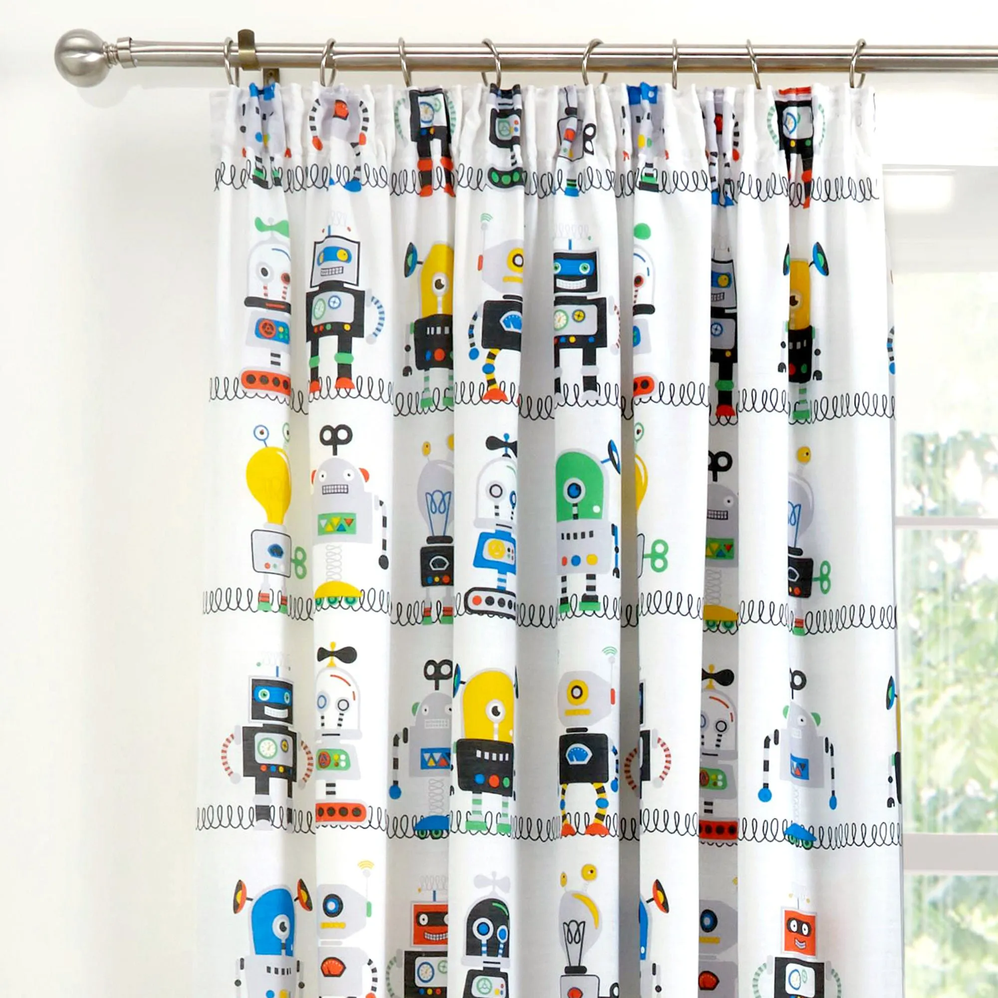 Robots Pair of Pencil Pleat Curtains by Bedlam in Blue