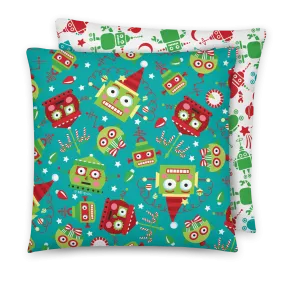 Turquoise Holiday Robots Pillow